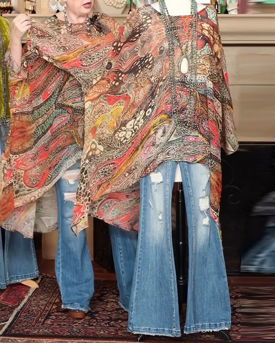 Blus Löst Fladdermusärm Tryck