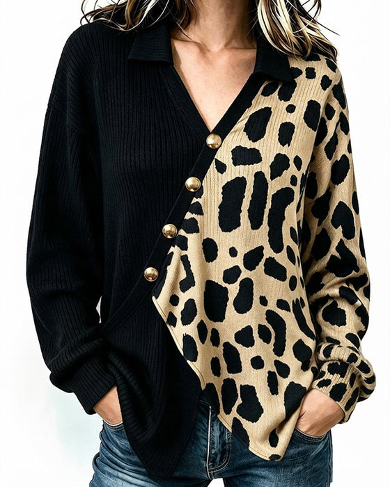Pullover Leopard Patchwork Asymmetrisk Knappslå Färgblock