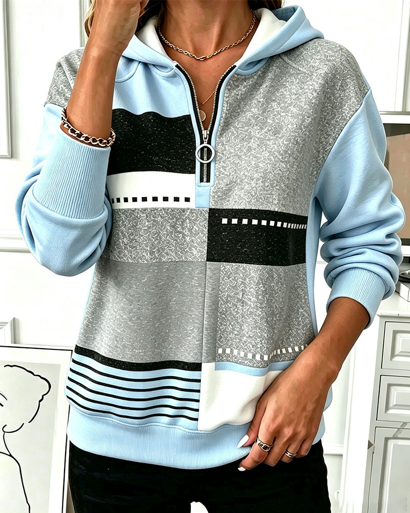 Hoodie Halv Dragkedja Kontrast Geometrisk Tryck