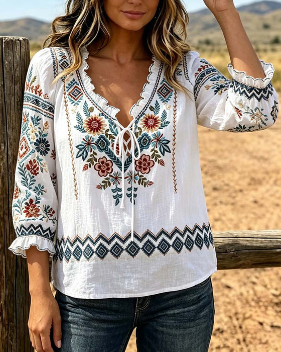 Blus V-Hals Bohemisk Ruffle