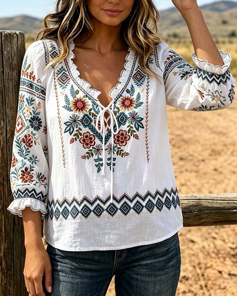 Blus V-Hals Bohemisk Ruffle