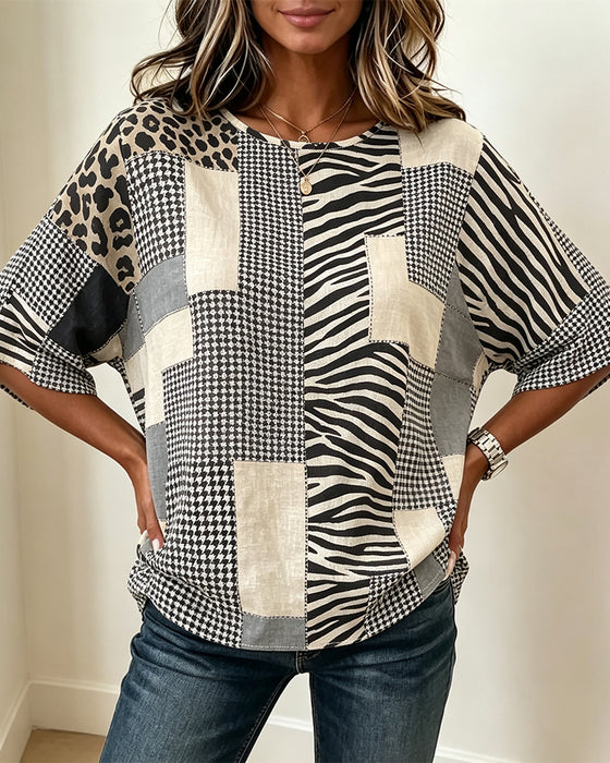 Blus Rundhalsad Lapptäcke Rutig Leopard
