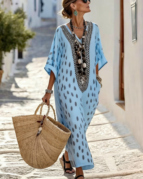 Klänning V-Ringning Prickig Semester Tryck