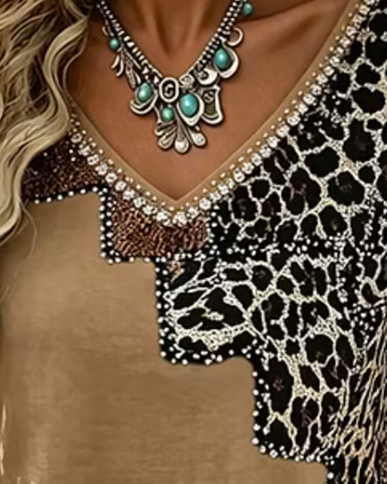 Blus V-Hals Leopard Tryck