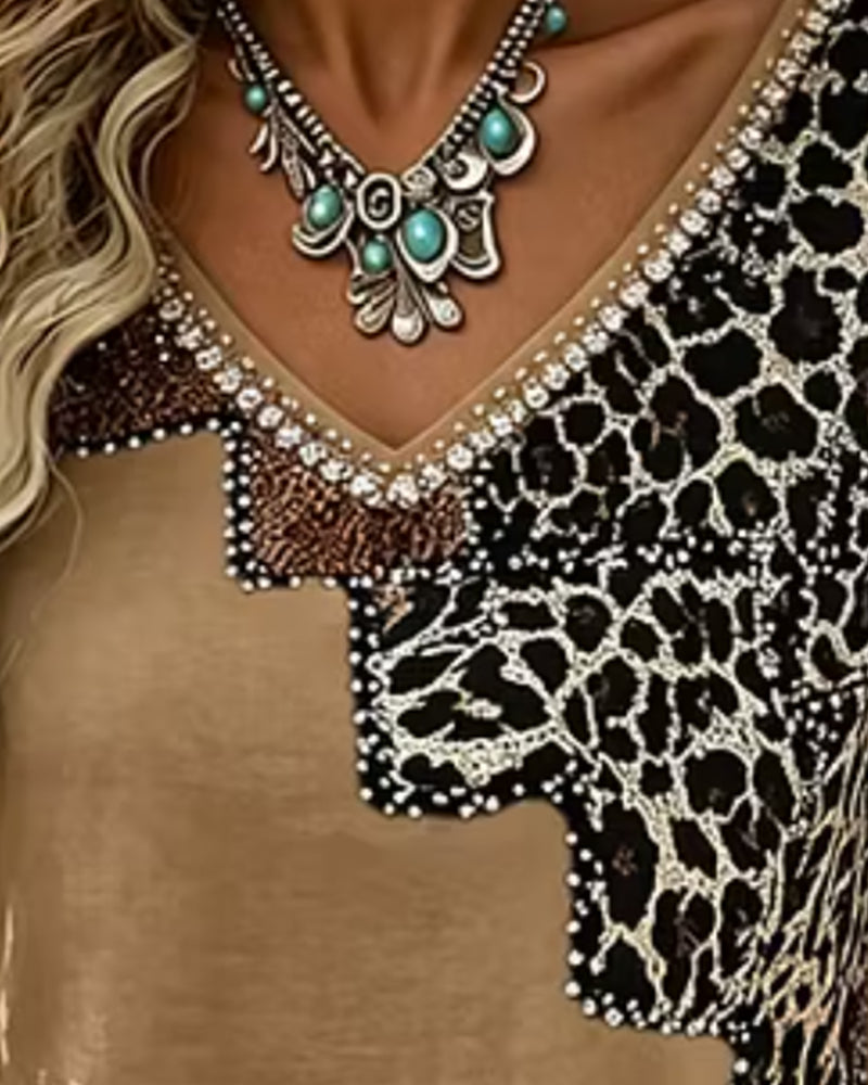 Blus V-Hals Leopard Tryck