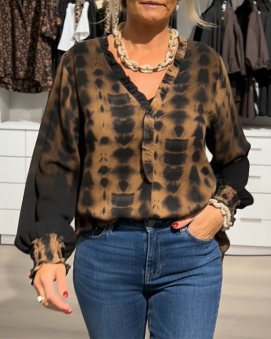 Blus Ryschad V-Ringning Tie-Dye-Tryck