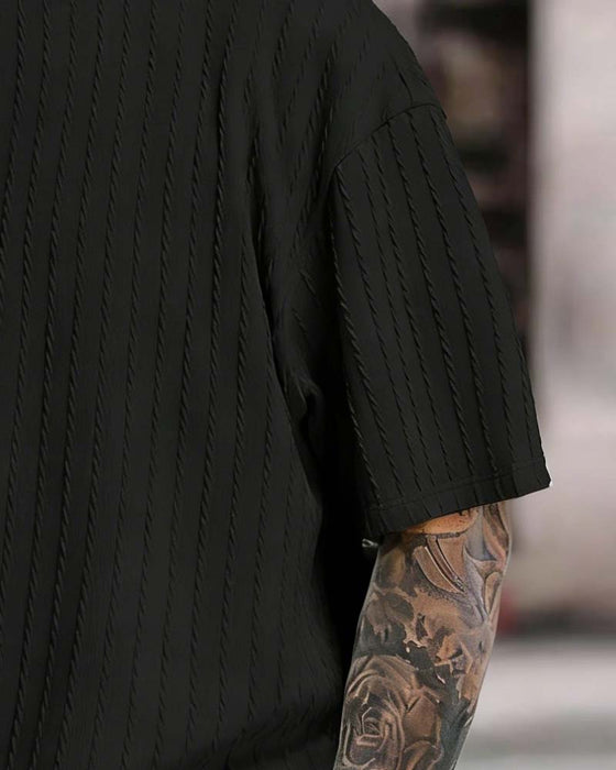 Herres Stripad T-Shirt Och Shorts Tvådelig Set Med Crew-Årning