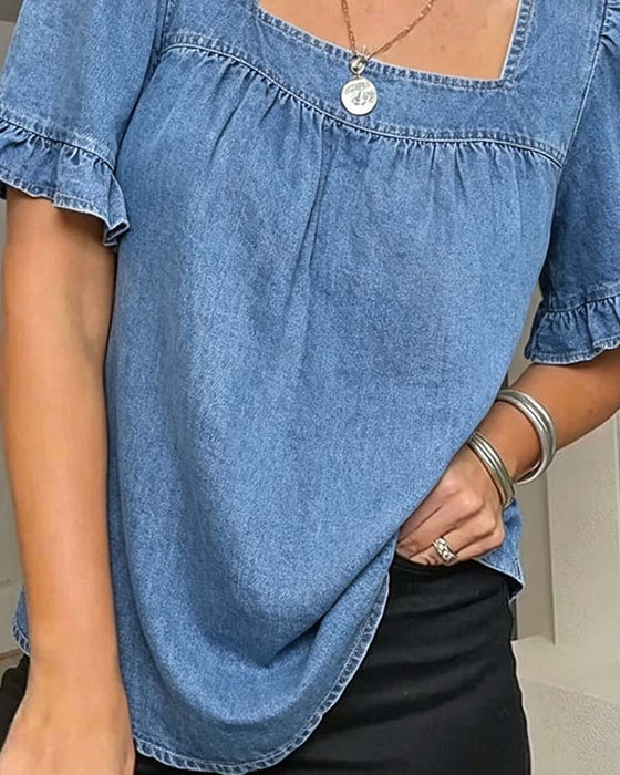 Blus Fyrkantig Hals Rynkad Denim
