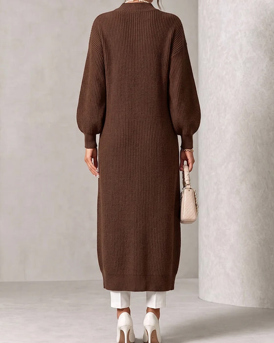 Sweater Dress Diagonal Knapp Slits Lykta Ärm