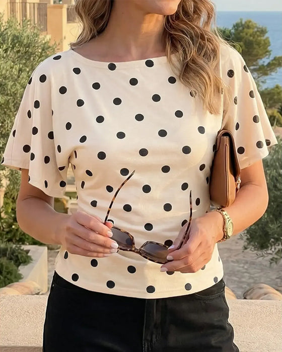 T-Shirt Prickig Midjeknyt Rund Hals Kort Ärm