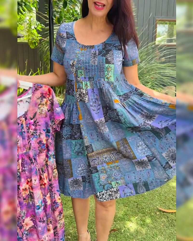 Klänning Rund Hals Veckad Tryckt A-Linje