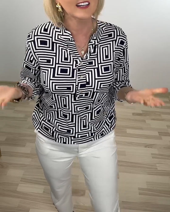 Skjorta Geometrisk Halv-Öppen Krage Tredje-Kvart Ärm