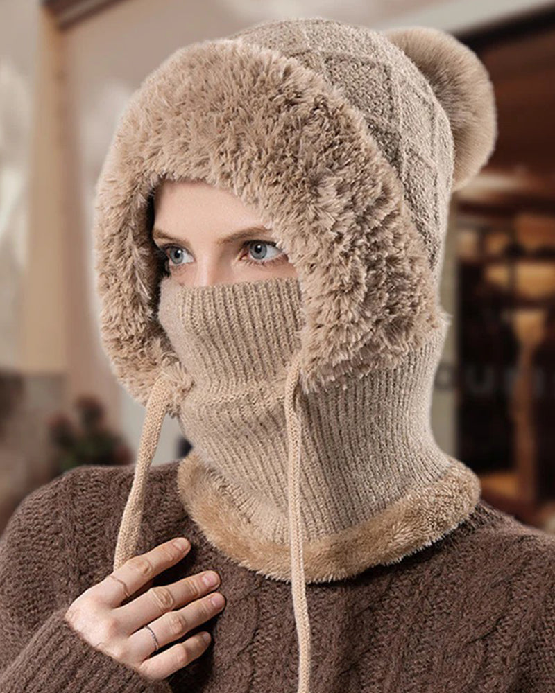 🔥Stilren Tjockstickad Vintermössa – Med Varm Ansiktsskydd Och Halsduk🧣