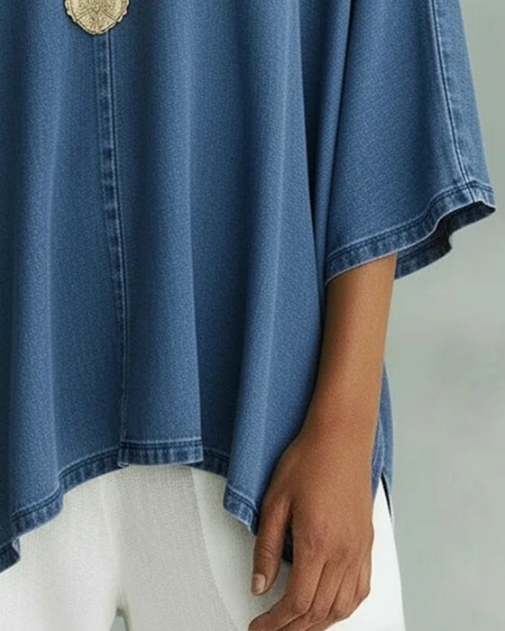 Blus Med Asymmetrisk V-Ringning I Lös Denim