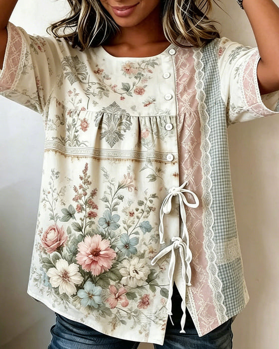 Blus Retro Blommönster Avslappnad