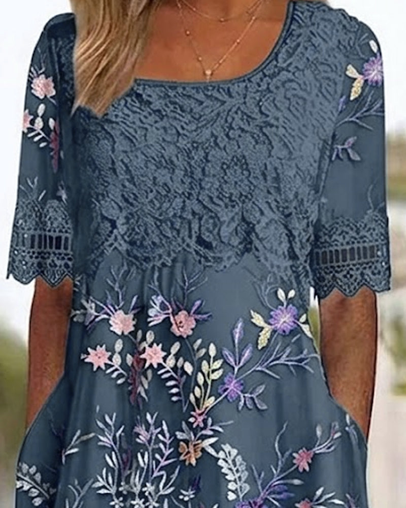 Klänning Spets Blommönster Patchwork A-Linje