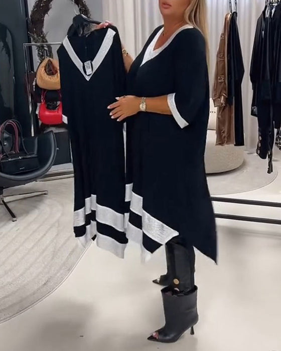 Klänning V-Hals Kortärmad Färgblock Loose Fit
