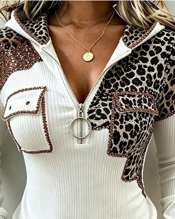 Topp Huvförsedd Dragkedja Leopard