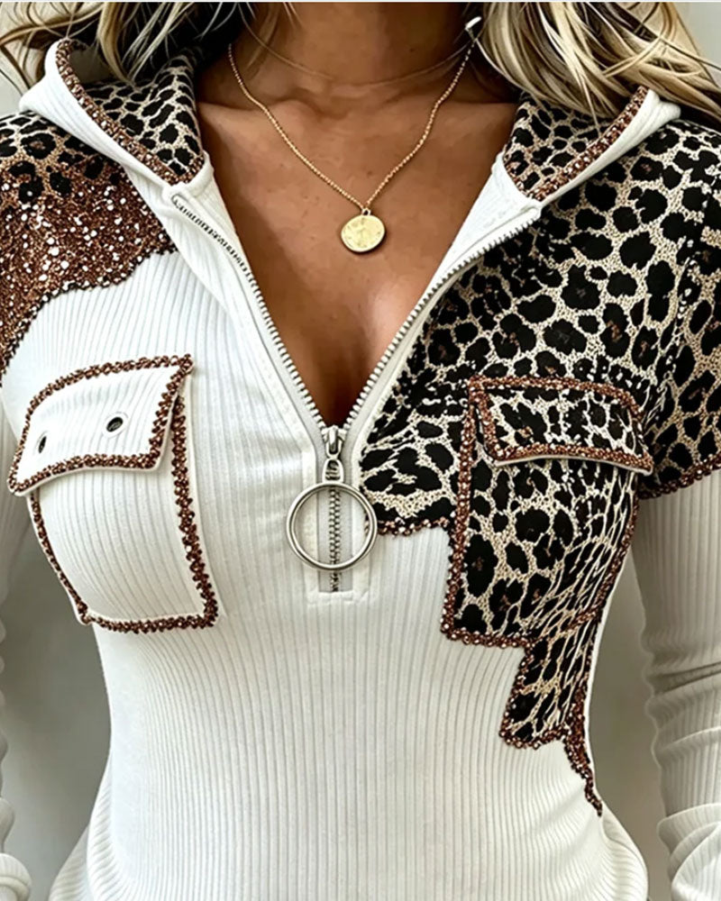 Topp Huvförsedd Dragkedja Leopard