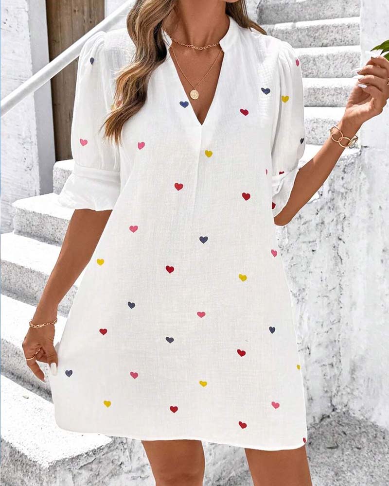 Klänning Färgglad Hjärtentryck V-Ringning