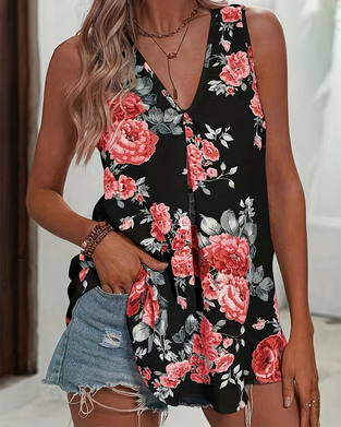 Blusar Med Rosentryck, V-Ringning Och Ärmlös