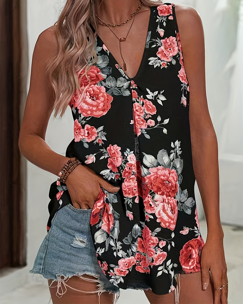 Blusar Med Rosentryck, V-Ringning Och Ärmlös