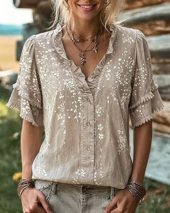 Blus V-Hals Spetskant Fringe Tryck