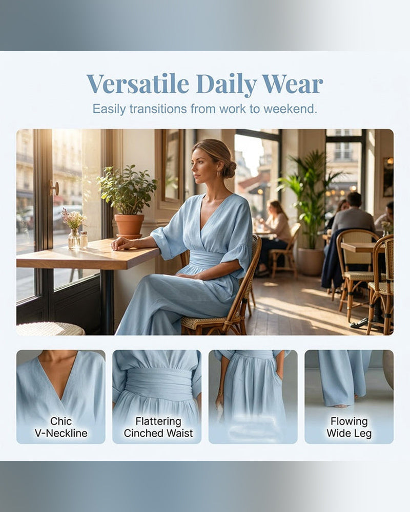 Jumpsuit V-Hals Kors Midjeknyt Bred Ben