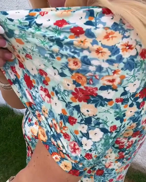 Blus Kortärmad Blommigt Tryck Plisserad