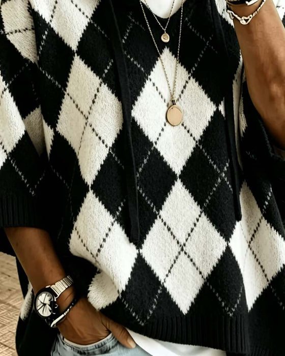 Pullover Plaid Huva Tre-Kvarts Ärm