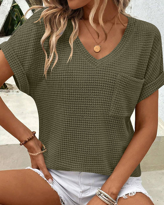 T-Shirt Dam Våffelstickad V-ringning Casual Sommar