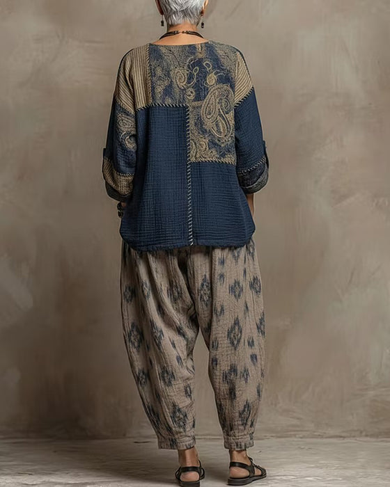 Set Rund Hals Vintage Lapptäcke Topp + Mönster Avsmalnande Byxor