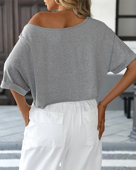T-Shirts Off-Shoulder Asymmetrisk Rivna Rullfåll