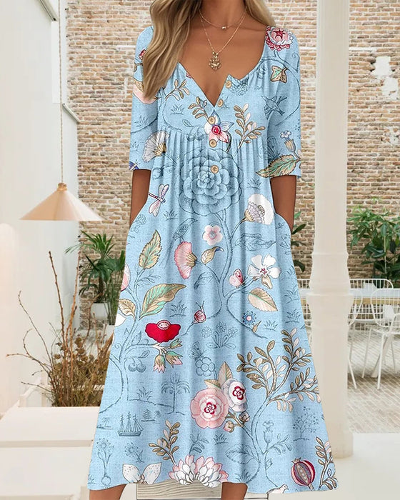 Klänning Halvärm Tryckt Plisserad A-Linje