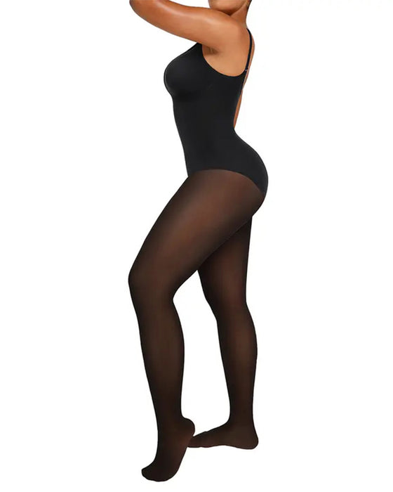 Genomskinlig Panel Med Fleecefodrade Tights Stay-Warm Magkontroll Sheer Effekt Tights Bodysuit Svart Basic