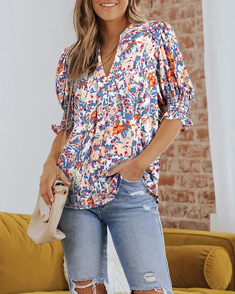 Blus Elegant Småblommigt Mönster
