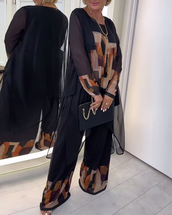 Kostym Elegant Långärmad Tryckt Vida Ben