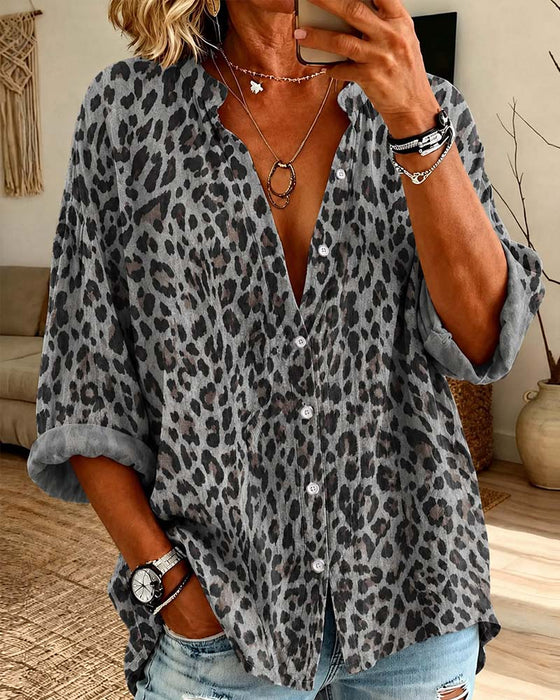 Skjorta V-Hals Knapp Leopard Lång Ärm