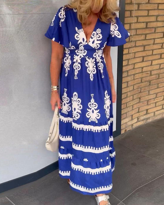 Vintage tryck v-ringad elegant lång klänning