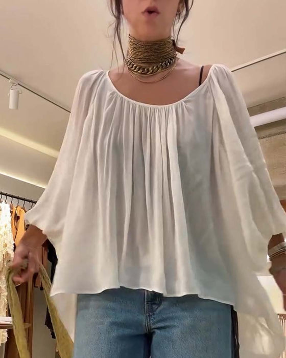 Blus Puff Lykta Ärm Rynkad Rundhals