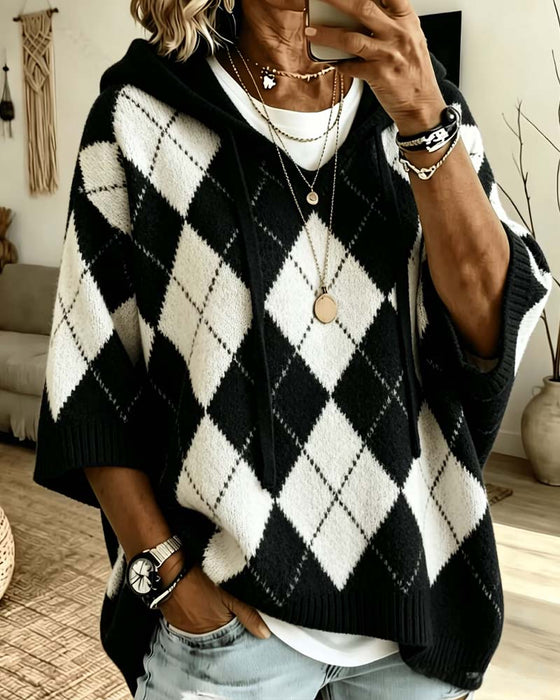 Pullover Plaid Huva Tre-Kvarts Ärm