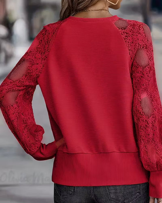 Blus V-ringning Spetsig Avslappnad Långärmad