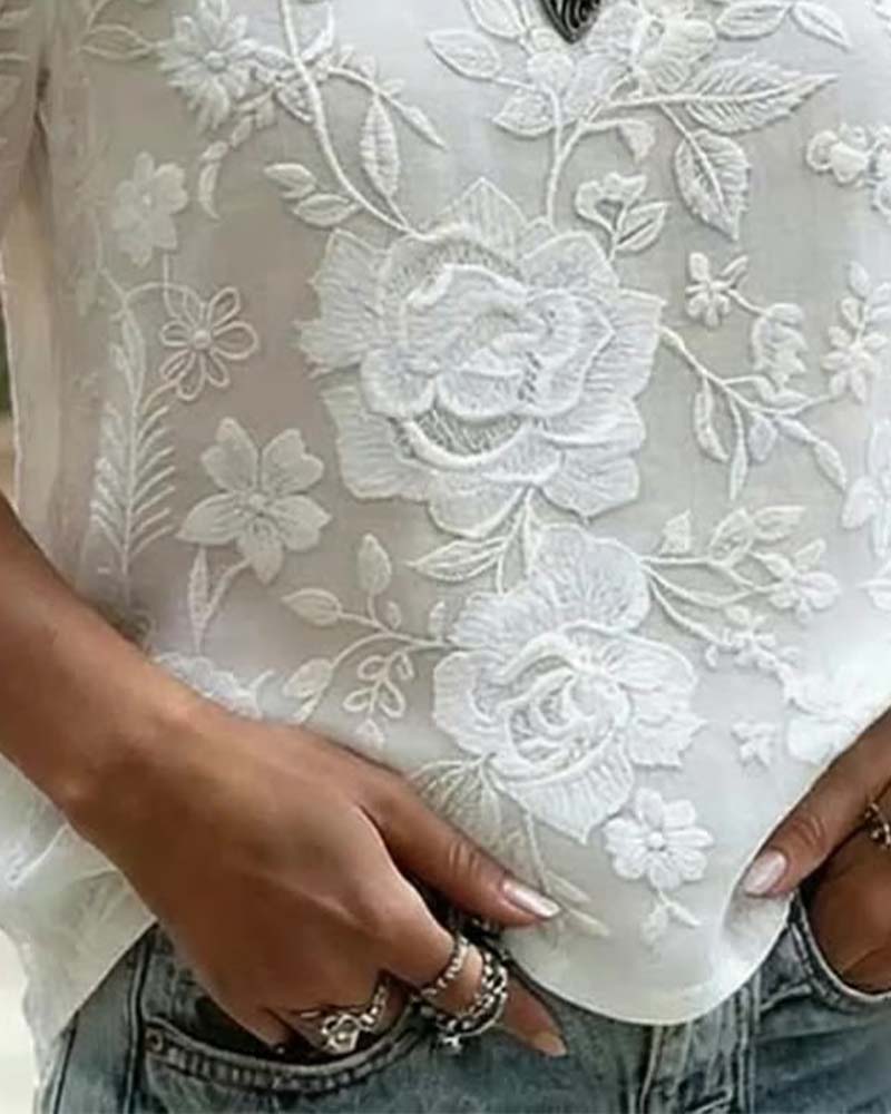 Blus Rundhalsad Broderad Spets Patchwork