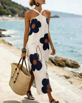 Klänning Kors Halter Blommig Slits Maxi