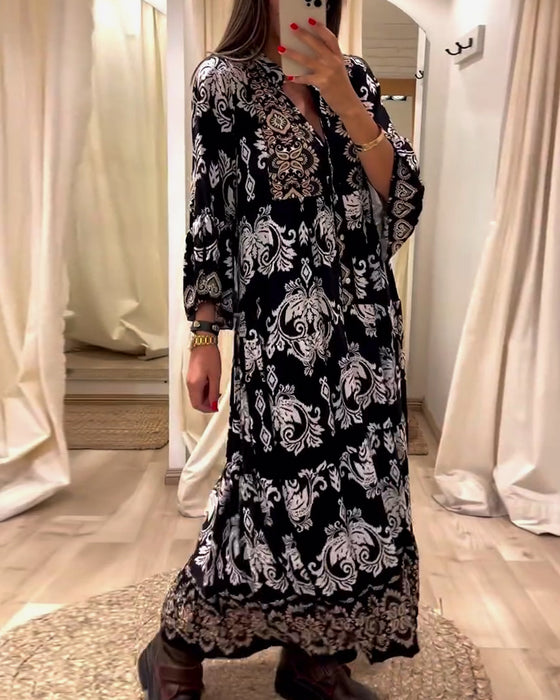 Vintage lös klänning med tryck och veckad