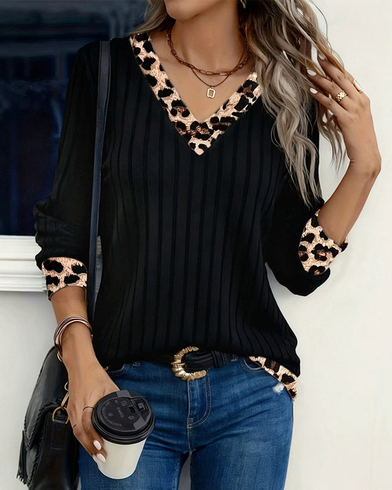 Topp Lång Ärm V-Hals Leopard Patchwork