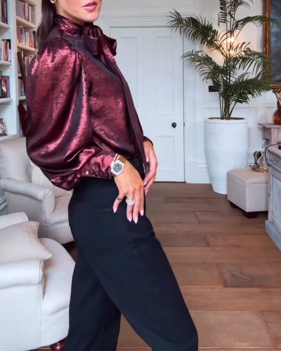 Blus Puckad Ärm Fladdrande Band Stilfull