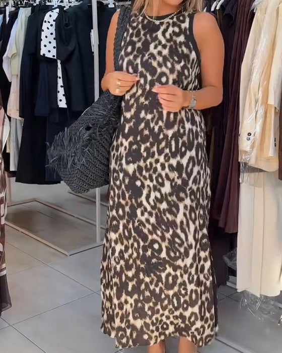 Klänning Rundhalsad Leopardmönster Ärmlös Maxi