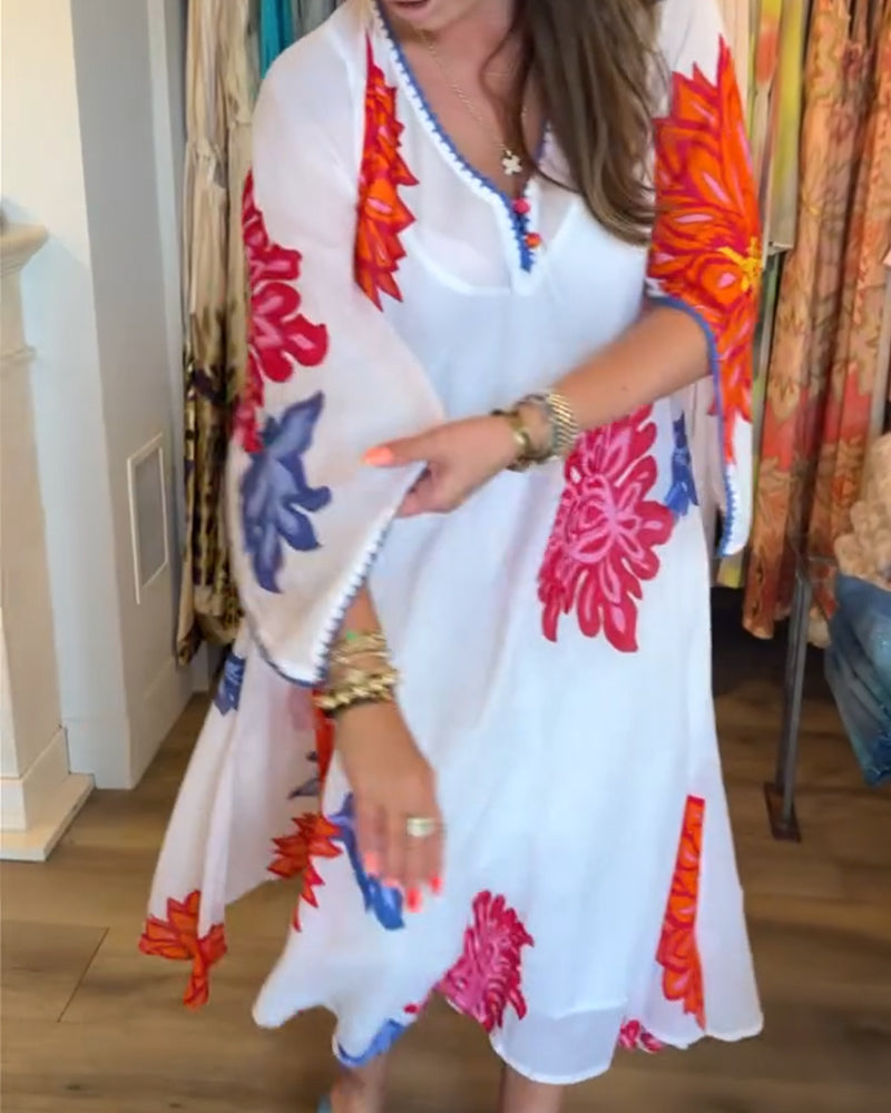 Klänning Färgglad Stor Blommig Lössittande Lång