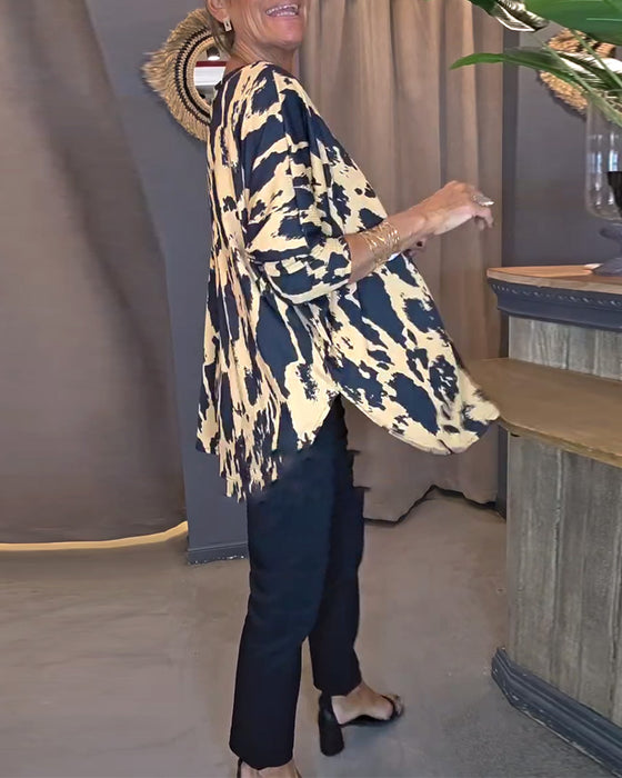 Blus Rund Hals Tryckt Slits